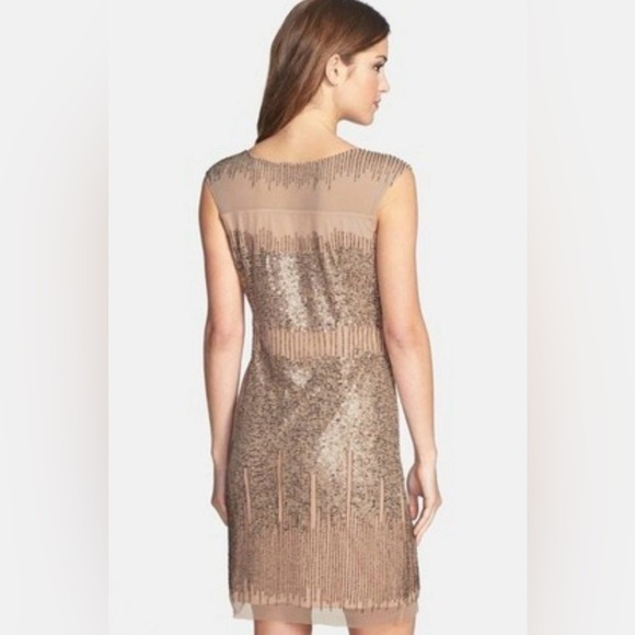 Adrianna Pappell Taupe Illusion Yoke Beaded Sheath Cocktail Dress Size 10 - Picture 1 of 4